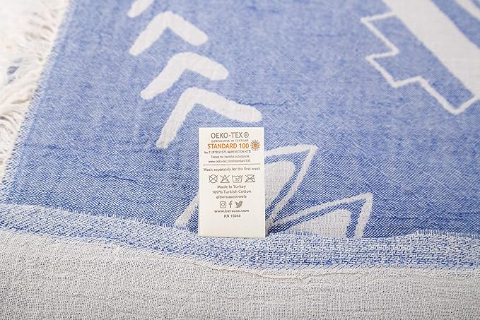 Bersuse 100% Cotton Kona XL Throw Blanket Turkish Towel Beach Blanket - Beach Camping Essentials - 75x90 Inches, Grey Blue