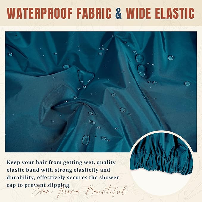 Reusable Shower Cap for Women, Large Waterproof Shower Bonnet with Elastic Band, Washable Bath Hair Cap for Long, Curly Hair, Braids, Daily Shower, Home Spa, Travel(Blue Zircon)
