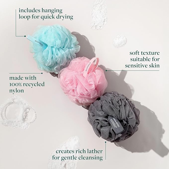 EcoTools Delicate EcoPouf Body Loofah, Gentle Exfoliating Shower Sponge for Sensitive Skin, 100% Recycled Netting Bath Pouf, 1 Count (Pack of 2)