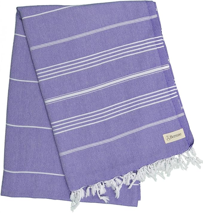 Bersuse Towels Anatolia XL Beach Blanket Throw Blanket Turkish Towel 100% Cotton Extra-Large Quick-Dry Lightweight Premium Peshtemal Towel - 61x82 Inches, Dark Purple