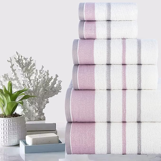 CASA COPENHAGEN White Bay 6Pcs 100% Egyptian Cotton Large Designer Towels Gift Set- White - Lavender, 600GSM, 2Bath 2Hand 2Washcloths, Bath Towels for Bathroom Set for Women & Men