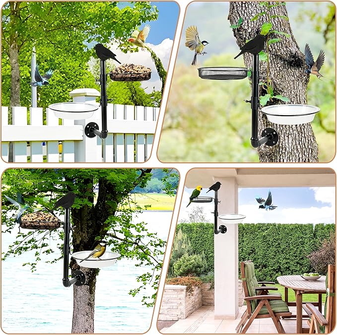 Wall-Mounted Bird Feeder with Metal Seed Tray and 2 Bath Bowls - Great for Porch or Fence, Attracts Wild Birds