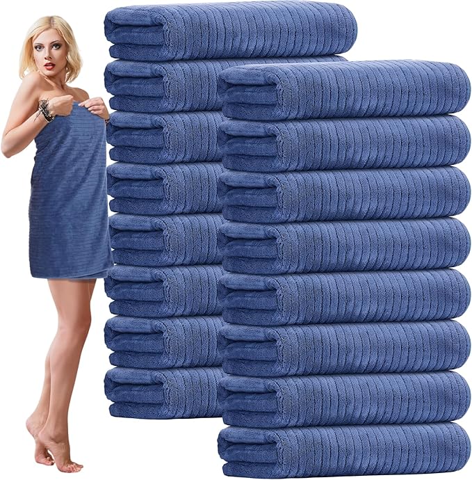 SmoothNovelty 16 Pack Microfiber Bath Towels Bulk 27'' x 60'' Oversized Size Bath Towel Highly Absorbent Extra Large Soft Drying for Beach Shower Summer Salon Sport Gym Party (Stripe,Dark Blue)
