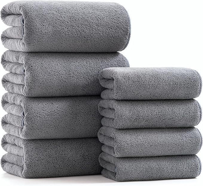 sakano Microfiber Bath Towel Set Ultra Soft Absorbent Speedy Drying Fade Resistant, 4 Bath Towels and 4 Hand Towels, Perfect for Family Bathroom, Gym, and Spa Use - Dark Grey