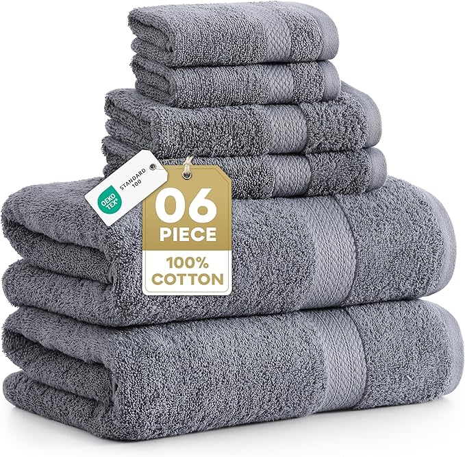 LANE LINEN 100% Cotton Towels Set for Bathroom - 6 Piece Family Pack - Soft, Absorbent & Quick Dry - 2 Bath, 2 Washcloths, 2 Hand Towels - OEKO TEX Certified, Machine Washable & Durable - Cool Grey