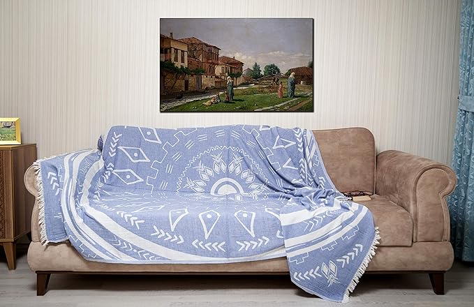 Bersuse 100% Cotton Kona XL Throw Blanket Turkish Towel Beach Blanket - Beach Camping Essentials - 75x90 Inches, Grey Blue