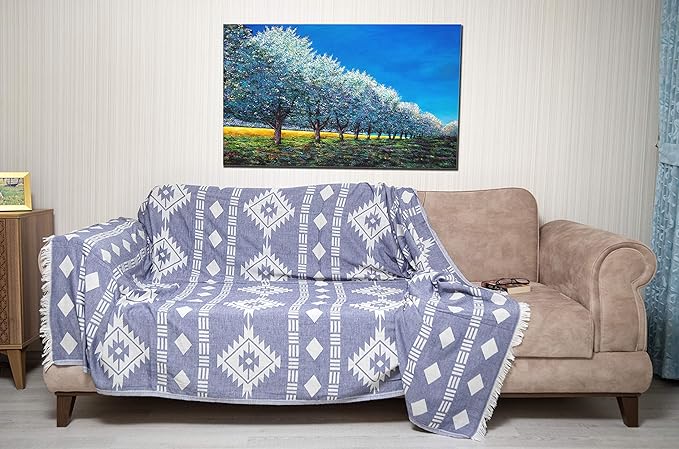 Bersuse 100% Cotton Belize XL Throw Blanket Turkish Towel Beach Blanket - Beach Camping Essentials - 75x90 Inches, Dark Blue