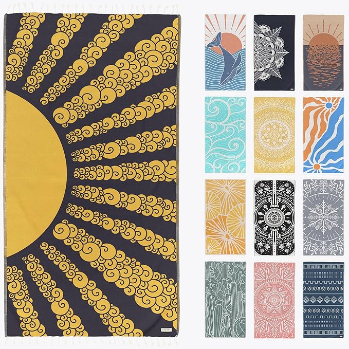FESHKA Sand Proof Turkish Beach Towel – Oversized, Quick Dry & Lightweight Travel Towel - 100% Organic Cotton Beach Blanket - Perfect for Bath, Pool & Picnic | Golden Hour (Yellow/Navy)