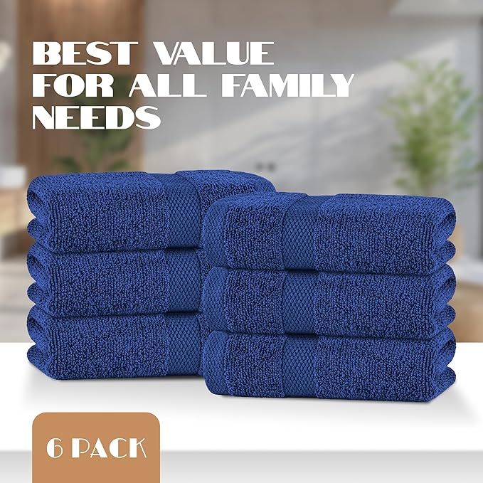 White Classic Navy Hand Towels for Bathroom [6 Pack] Cotton Hand Towel Bulk for Gym, Kitchen and Spa, 16x27 Inches Soft Highly Absorbent Quick Dry Terry Salon Towels