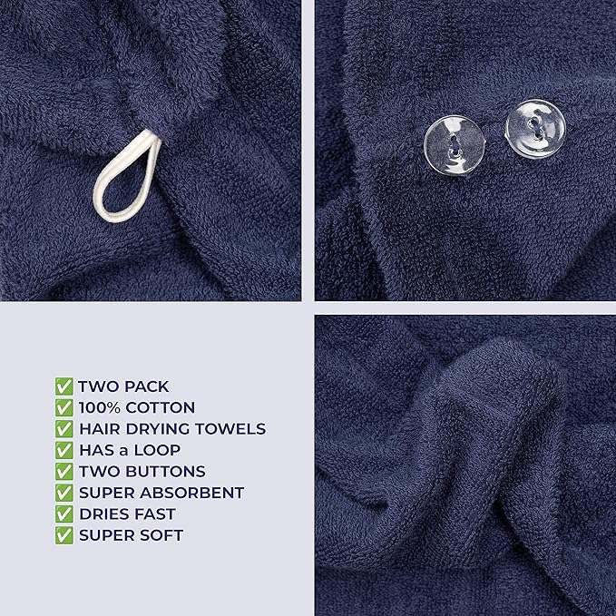 American Soft Linen 100% Cotton Hair Towels for Women, Head Towel Cap, Cotton Hair Turban Towel Wrap for Long Curly Anti Frizz Hair, Soft and Absorbent Cotton Hair Towels 2 Pack, Navy Blue