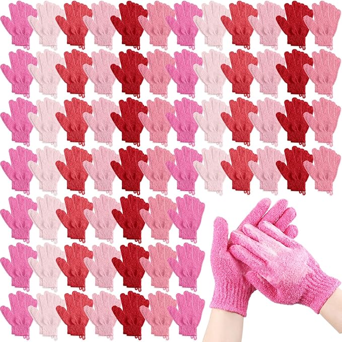 Cuffbow 90 Pcs 45 Pairs Exfoliating Double Sided Bath Gloves with Hanging Loop Colorful Body Shower Gloves for Men Women Beauty Spa Massage Clean Shower Skin Bathing Scrubber Accessories(Pink)