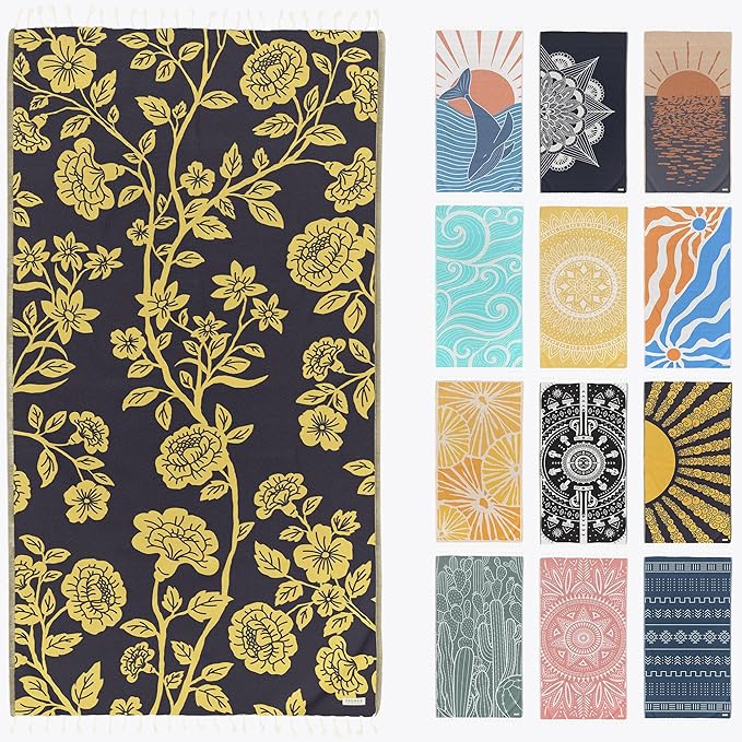 FESHKA Sand Proof Turkish Beach Towel – Oversized, Quick Dry & Lightweight Travel Towel - 100% Organic Cotton Beach Blanket - Perfect for Bath, Pool & Picnic | Gardenia (Yellow/Black)