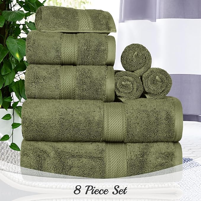 Superior Egyptian Cotton Pile 8 Piece Towel Set, Includes 2 Bath, 2 Hand, 4 Face Towels/ Washcloths, Ultra Soft Luxury Towels, Thick Plush Essentials, Guest Bath, Spa, Hotel Bathroom, Forest Green
