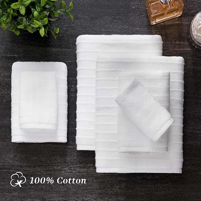 Welhome James 100% Cotton Textured Stripe Towels - 24 Pack Washcloths, Soft & Absorbent, White
