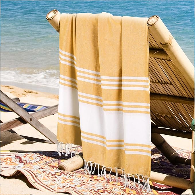 Goroly Home Cotton Turkish Peshtemal Beach Towel, Extra Large, Thin Quick Dry Sand Free Pool & Swim Towel, Bathing Blanket, Travel Essentials, (Mustard, 36x71 Inches)