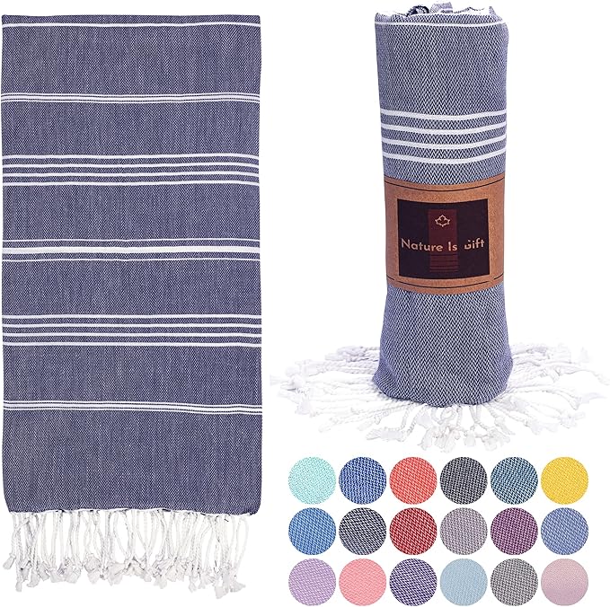 Beach Towel 100% Cotton Turkish Beach Towel Adult 38x70 Inch Pre-washed Absorbent Extra Large|Sand Free Quick Dry BathTowels|Lightweight Blanket|Travel Cruise Camping Spa Gym Yoga Towel|Blue Depths