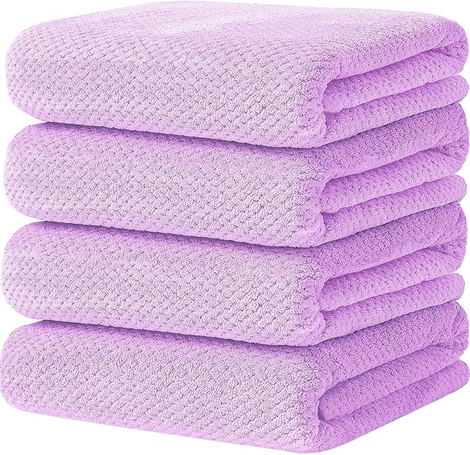 4 Pack Bath Towel Set, Waffle Bath Towel Set, Microfiber Super Soft Highly Absorbent, Sturdy Quick Drying Towels for Bathroom, Gym, Sports, Yoga (4 Piece 27" x 55", 4Purple)
