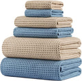 POLYTE 430 GSM Microfiber Quick Dry Lint Free Oversize Bath Towel Set, 6 Piece (Waffle Weave)