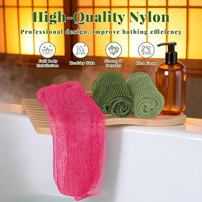 African Net Sponge Authentic, 3 Pieces Exfoliating Scrubber Bath Sponge for All Skin Types, Back Scrubber Loofah Washcloth for Shower, Gentle Exfoliation (Dark Green,Light Green,Pink)