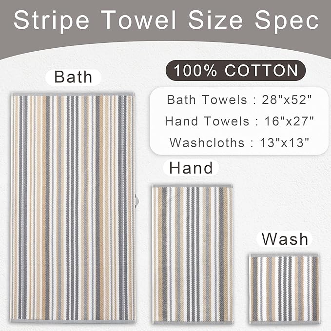 Beige Striped Hand Towels, Bathroom Hand Towels Set of 4, 16"x27" - 100% Cotton | Quick Dry | Absorbent | Light Weight, Soft Towel Set for Showering & Guest, Luxury Towel Gift, Tan and Gray