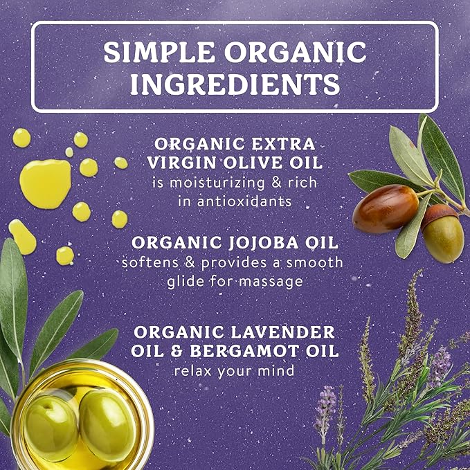Badger Lavender Massage Oil, 100% Organic Massage Oil, Relaxing & Moisturizing Pure Aromatherapy Oils of Lavender, Bergamot & Balsam Fir, 4 fl oz Glass Bottle