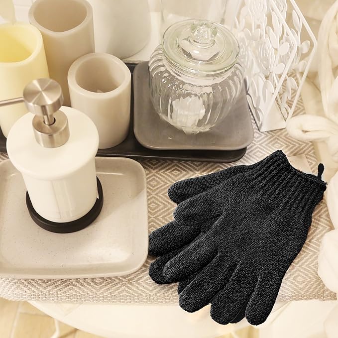MIG4U Exfoliating Shower Gloves for Bath,6 Pairs Premium Nylon Body Wash Bathing Gloves for Men Women Spa, Massage and Skin Scrub, Dead Skin Remover with Hanging Loop, Black, Regular Size