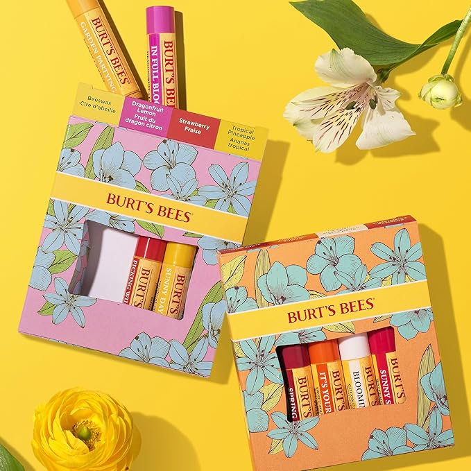 Burt's Bees Gifts Ideas - In Full Bloom Lip Balm Set, Original Beeswax, Dragonfruit Lemon, Tropical Pineapple & Strawberry, Natural Origin Lip Treatment, 4 Tubes, 0.15 oz. (Pack of 8)