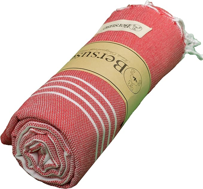 Bersuse Towels Anatolia XL Beach Blanket Throw Blanket Turkish Towel 100% Cotton Extra-Large Quick-Dry Lightweight Premium Peshtemal Towel - 61x82 Inches, Red