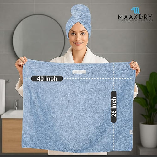 100% Cotton Hair Towel Wrap for Women, Men & Kids – Non-Microfiber 450 GSM Thick Super Absorbent Hair Towel 26x40 Inches, Secure Elastic Hair Wrap for Long & Curly Hair (Blue)