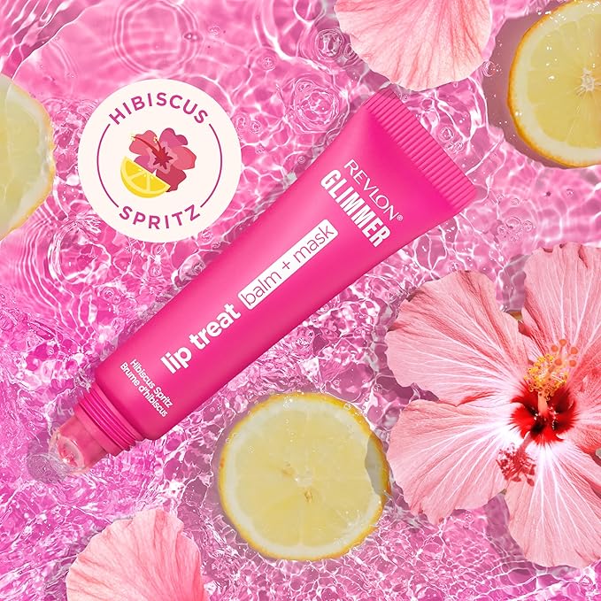 Revlon Glimmer Lip Treat Balm + Mask, Overnight Peptide Lip Treatment, Hydrating, 005 Hibiscus Spritz, 0.4 fl oz