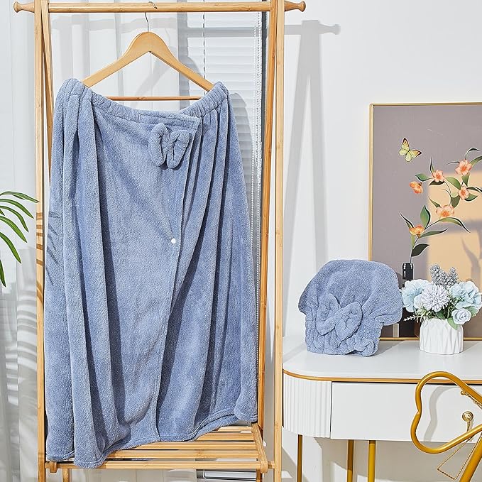 Xtinmee 2 Sets Plus Size Womens Wrap Towel with Hair Towel Bath Wrap Shower Spa Wraps for Women's Bathrobe (Blue)