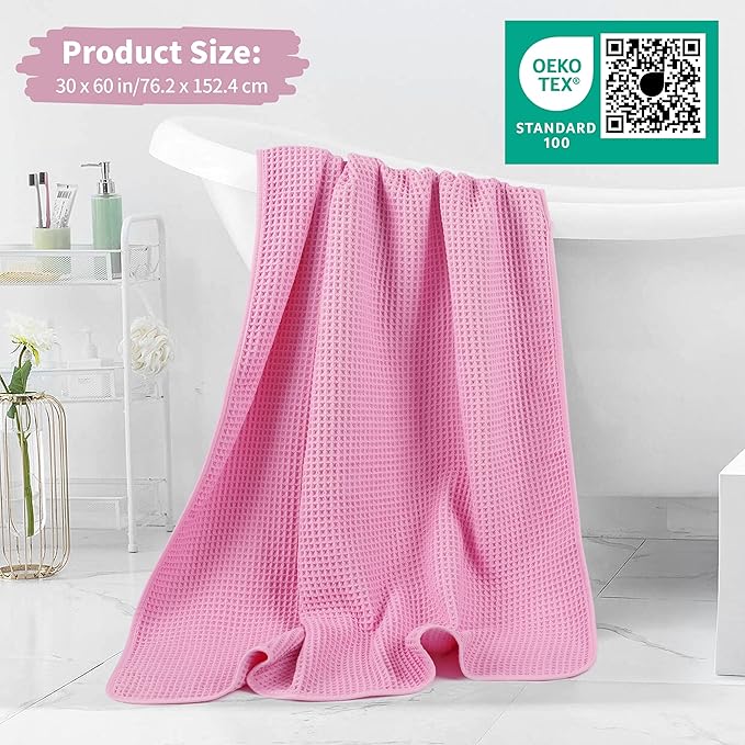 MICROFI New Microfiber Waffle Bath Towels, 2 Pieces, Oversized, Soft, Absorbent, Fast Drying, Lint Free 430 GSM (Pink)