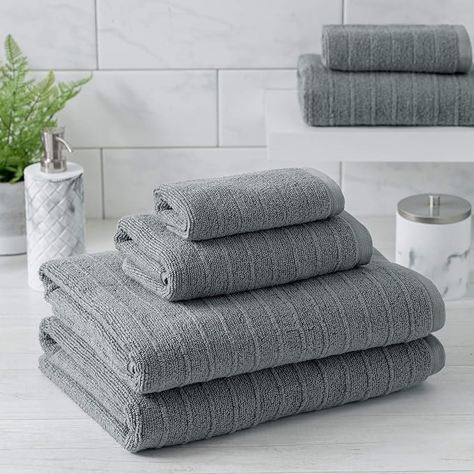 Welhome James 100% Cotton Textured Stripe Towel Set - 6 Piece Set of 2 Bath Towels, 2 Hand Towels, 2 Washcloths, Soft & Absorbent, Gray