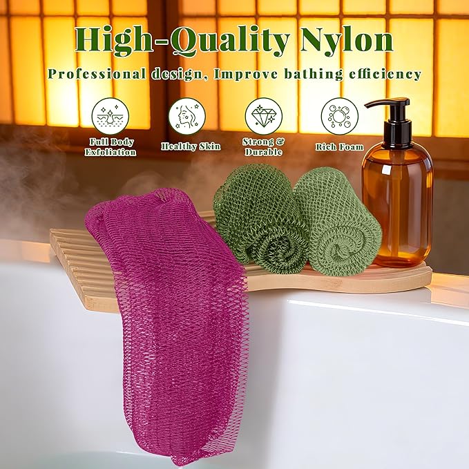 African Net Sponge Authentic, 3 Pieces Exfoliating Scrubber Bath Sponge for All Skin Types, Back Scrubber Loofah Washcloth for Shower, Gentle Exfoliation (Dark Green,Light Green,Rose Red)