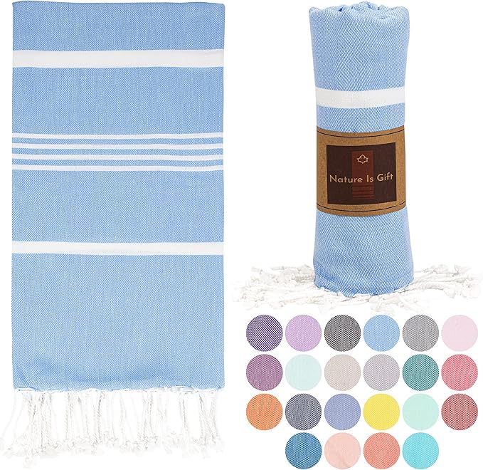 Beach Towel 100% Cotton Turkish Beach Towel Adult 38x70 Inch Pre-washed Absorbent Extra Large|Sand Free Quick Dry BathTowels|Lightweight Blanket|Travel Cruise Camping Spa Gym Yoga Towel|Airy Blue