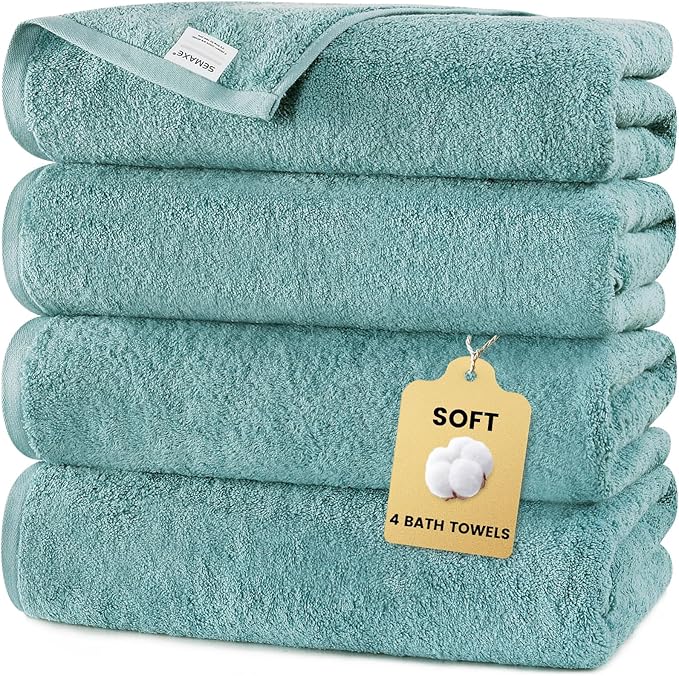 SEMAXE 4 Piece Blue Bath Towel Set for Bathroom, 100% Cotton Bath Towels with Hanging Loop, 55 x 27 Inch, Soft Absorbent & Quick Dry, for Home