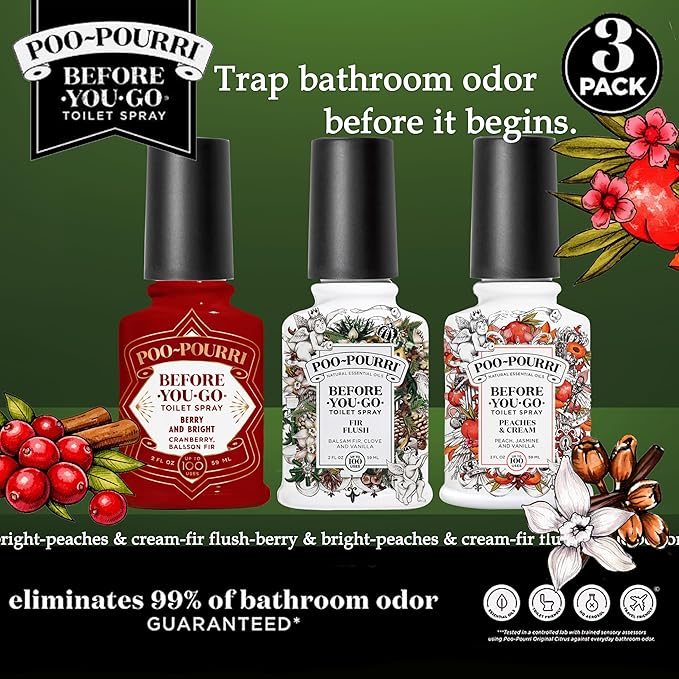 Poo-Pourri Before-You-Go Toilet Spray, Spring 2 Oz Variety Pack– Berry & Bright, Peaches & Cream, and Fir Flush