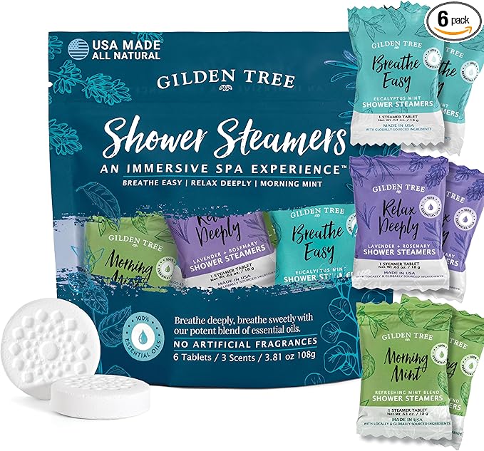 Gilden Tree Shower Steamers Aromatherapy Variety Pack – Sinus Relief, Relaxation & Energy Essential Oils, Birthday Gifts for Women Men Teens Adults, Individually Wrapped Made in USA (6 Pack, 3 Scents)