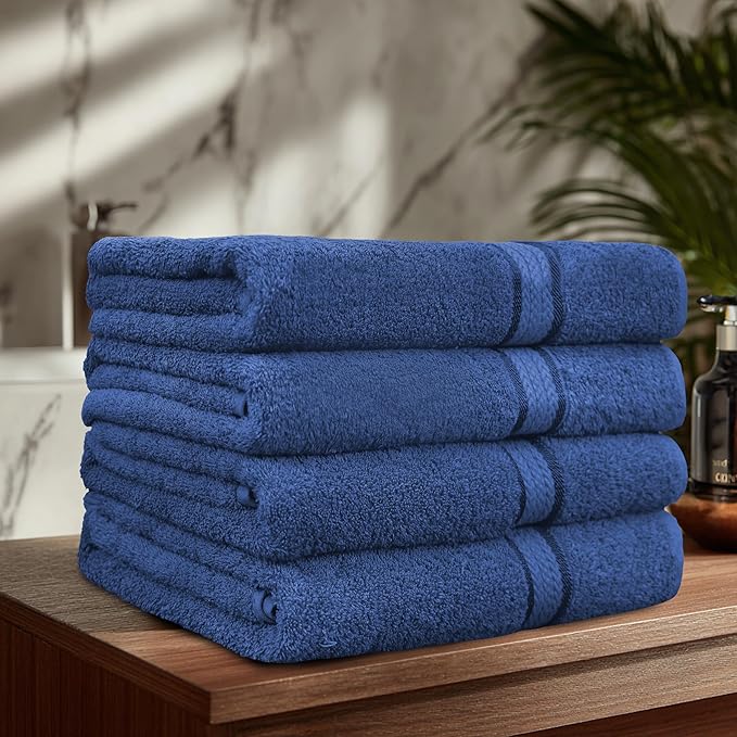 COTTON CRAFT Ultra Soft Bath Towels - 100% Cotton 4-Pack Plush Absorbent 580 GSM Luxury Bath Towels – Quick Dry Durable Machine Washable Oversized Towels for Bathroom Spa Gym – Blue