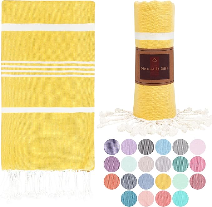 Beach Towel 100% Cotton Turkish Beach Towel Adult 38x70 Inch Pre-washed Absorbent Extra Large|Sand Free Quick Dry BathTowels|Lightweight Blanket|Travel Cruise Camping Spa Gym Yoga Sports Towel|Yellow
