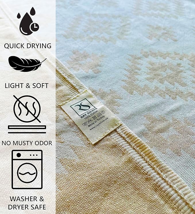 RAY SILVER Aztec Turkish Hand Towels Set of 2 100% Cotton Peshtemal Soft Feel 18 x 36 Light Weight Travel Camping Bath Sauna Beach Gym Pool Blanket Quick Dry Oversized Towel (Nude, Hand Towel)