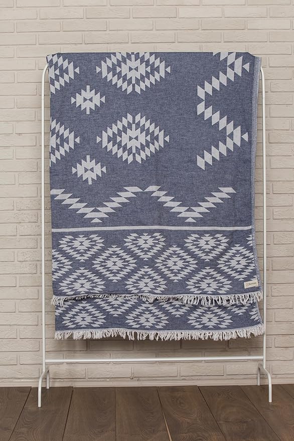 Bersuse 100% Cotton Teotihuacan XL Throw Blanket Turkish Towel Beach Blanket - Beach Camping Essentials - 75x90 Inches, Dark Blue