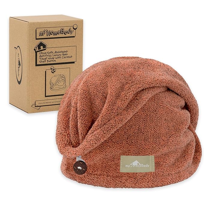 myHomeBody Hair Towel Wrap, Luxury Quick Drying Turban, Ultra Soft Absorbent Charcoal Fiber Cap, with Coconut Shell Button – Cinnamon