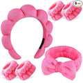 Zkptops 6Pcs Spa Headband for Washing Face Wristbands Set Women Bubble Makeup Sponge Terry Cloth Padded Puffy Skincare Headband Bow Tie Hairband Cute Non Slip Thick Hair Accessory Gifts (Rosy Red)