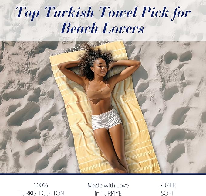 Cacala Lightweight and Thin Turkish Beach Towel 100% Cotton Sand-Free and Quick-Drying Goodness Perfect as an Extra Large Travel Towel, Beach Accessory, or Gift for Beach Lovers, 37 x 70