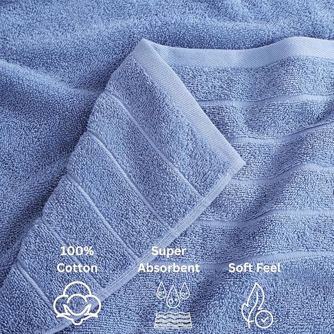Casa Platino 100% Cotton Bathroom Towels Set – 24 Pc Family Pack – Soft & Absorbent, Ring Spun, Quick Dry Towels, 2 Bath Sheets, 2 Gym, 2 Bath, 4 Fingertip, 6 Hand, 8 Washcloths – Cerulean Blue
