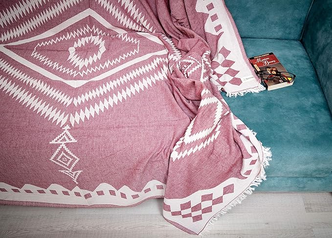 Bersuse 100% Cotton Bahamas XL Throw Blanket Turkish Towel Beach Blanket - Beach Camping Essentials - 75x90 Inches, Burgundy