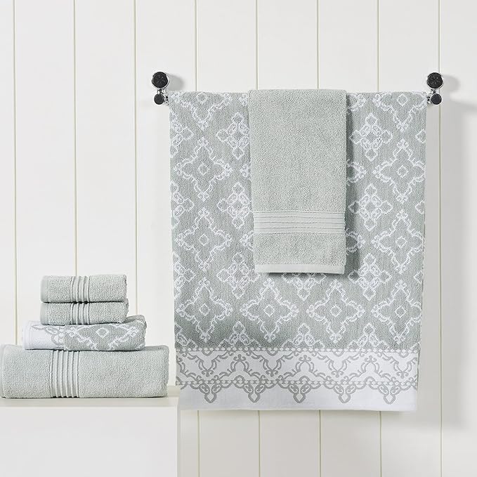 Modern Threads Charlize 6-Piece 100% Cotton Towel Set – Reversible Yarn Dyed Jacquard & Solid – Includes 2 Bath Towels, 2 Hand Towels, 2 Washcloths – Absorbent, Quick Dry, Soft & Durable – Dark Sage