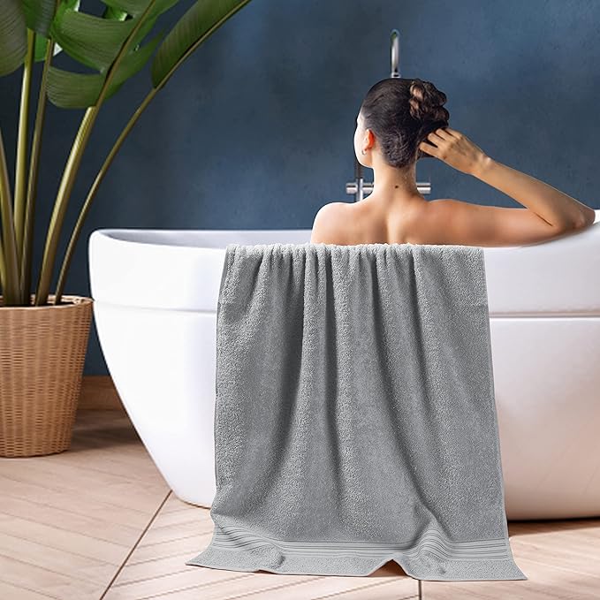 BOUTIQUO 100% Cotton 2 Pack Bath Towel Set 28x55, Eco-Friendly Large Bath Towels, Compact Quickdry Lightweight Soft & Highly Absorbent Bath Towel, Ideal for Everyday Gym Travel Camp Pool - Light Grey