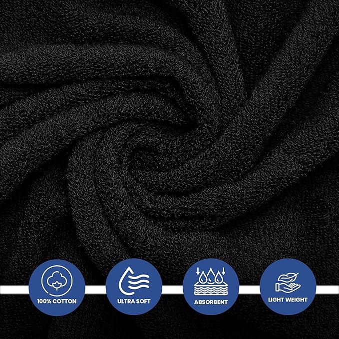 Linteum Textile Supply Luxury Hair Towels 100% Ring Spun Cotton Bleach Proof Hair Towel for Women, Men, Kids | 20x40 inches Quick Dry Towels for Gym, Beauty, Spa, Salon | Pack of 12 | Black